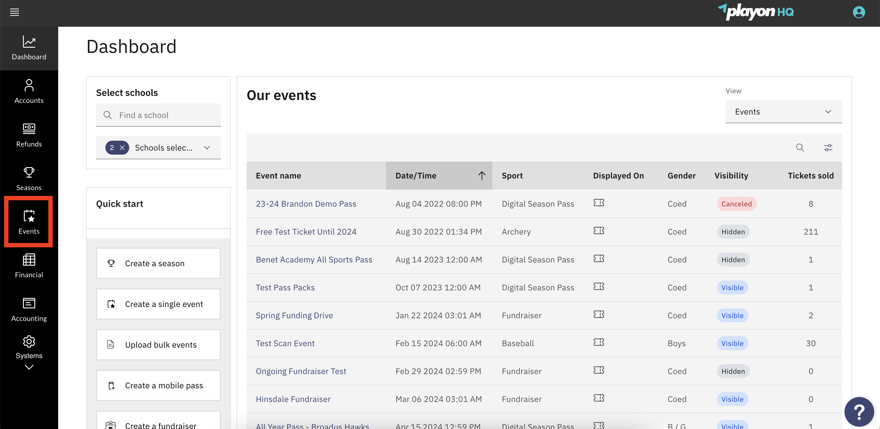 HQ Dashboard > Events